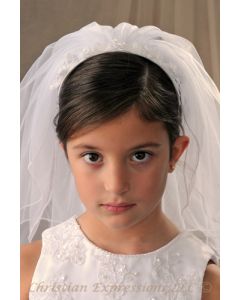 Satin Bow Headband W/ Pearl Cross First Communion Veil - F2022