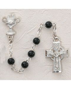 BLACK GLASS IRISH COMMUNION ROSARY WITH PEWTER CHALICE OR SACRED HEART