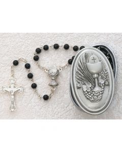 PEWTER GIFT BOX WITH BLACK GLASS COMMUNION ROSARY