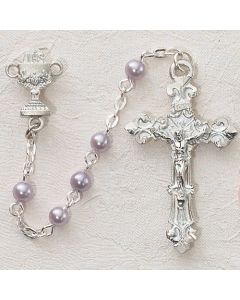 First Communion Rosary Purple Pearl w/Sterling Crucifix & Chalice or Miraculous