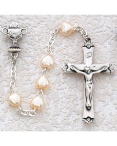 First Communion Rosary Pearl Heart w/Sterling Silver Chalice or Miraculous