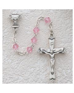 First Communion Rosary  PINK TIN CUT w/Sterling Chalice or Miraculous