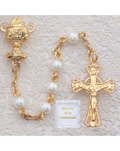 First Communion PEARL ROSARY - Gold Plated - VALUE PRICED