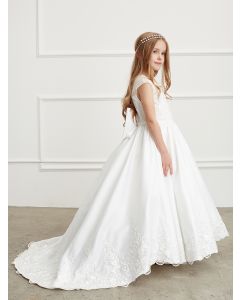 First Communion Gown Satin long train skirt with a lace hem