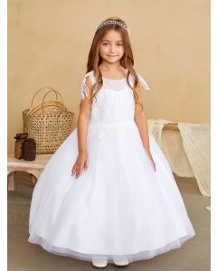 First Communion Dress with Sequin Lace with Beaded Leaf Accent