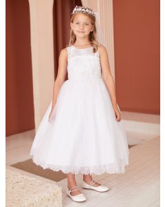 First Communion Dress illusion neckline Scalloped Lace Hem