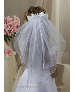 First Communion Clip Veil Organza Satin Bow Pearl Crystals