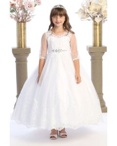 First Communion Dress with Embroidered Lace Hem 3/4 Length Sleeves