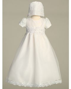 Shiny Satin Lace Christening Gown with Silver Trim