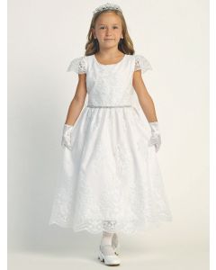 First Communion Dress with Embroidered Overlay Lace Cap Sleeves