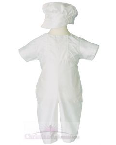 Boys White Silk Christening Baptism Outfit Set With Pin Tucking and Captains Hat