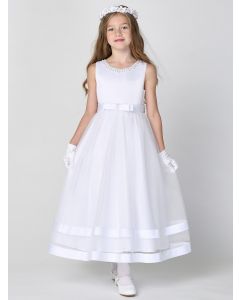 First Communion Dress Satin Bodice with Glitter Skirt Double Satin Band Trim