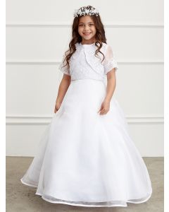 Floor Length First Communion Dress with Lace Waist and Matching Lace Bolero