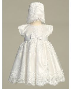 Embroidered Tulle Christening Gown with Long Sleeves
