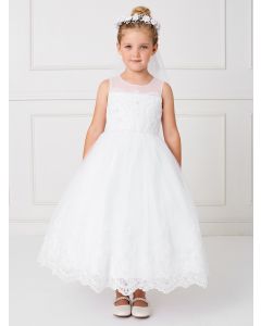 Plus Size Ankle Length First Communion Dress Illusion neckline with lace hem