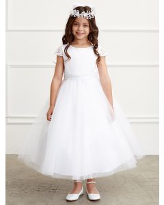 Lace Cap Sleeved First Communion Dress with Lace Overlay and Pearl Waistline