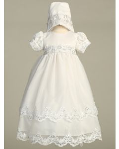 Shiny Satin Lace Christening Gown with Silver Trim