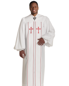 Pastor Robe  White with Red Piping Crosses