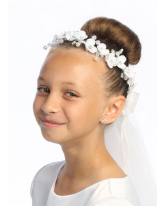 First Communion Veil Organza Rosebud  Flowers Pearls and Rhinestones