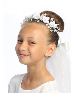 First Communion Veil Organza Rosebud  Flowers Pearls and Rhinestones