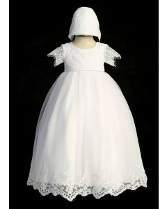 Short Sleeve Lace Bodice Organza Christening Gown