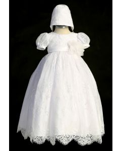 Short Sleeve Lace Bodice Organza Christening Gown