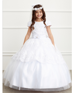 First Communion Dress Pleated satin sash with a bow accent