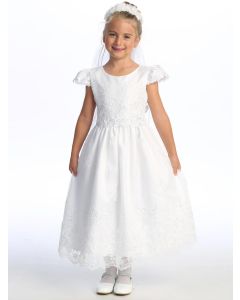 First Communion Dress Corded embroidered tulle with beads Cap Sleeves