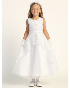 Satin A Line First Communion Dress with Embroidered Overlay