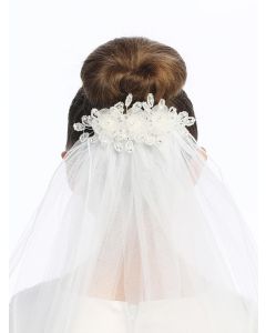 First Communion Comb Veil Satin Flowers and Pearls