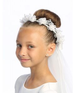 First Communion Wreath Veil satin rose flowers & rhinestones