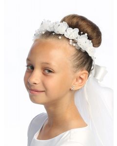 Girls First Communion Veil and Headpiece with Flowers