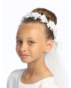 First Communion Veil Organza Rosebud  Flowers Pearls and Rhinestones