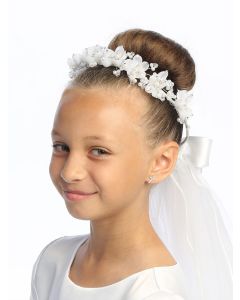 First Communion Veil Organza Rosebud  Flowers Pearls and Rhinestones