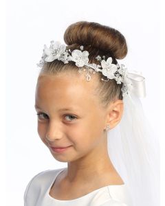 First Communion Wreath Veil Organza flowers, pearls & rhinestones