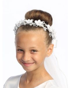 First Communion Wreath Single Layer Veil Flowers and rhinestones