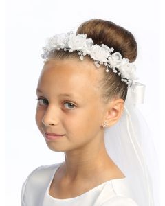 First Communion Veil Organza flowers, rhinestones & pearl accents