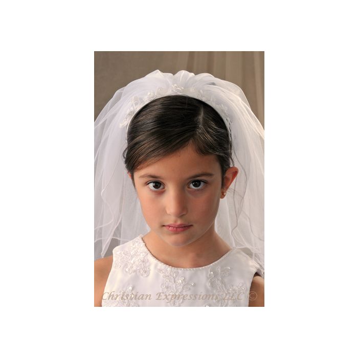 First Communion Headband Veil Organza Bows and Pearls