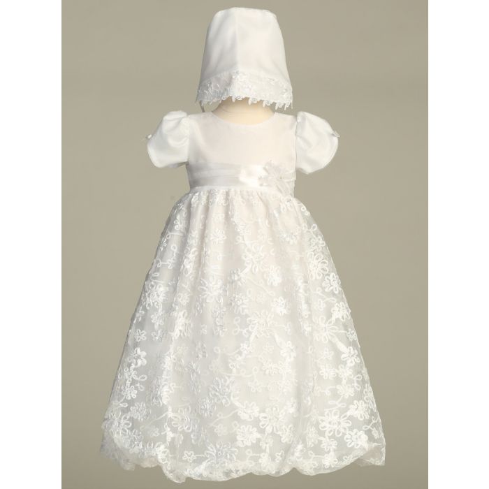 embroidered satin ribbon on tulle Christening Baptism gown