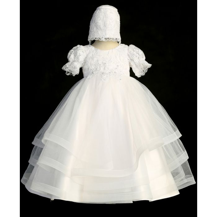 Puff Sleeve Lace Bodice Christening Dress with a Horsehair Trim Layered Skirt
