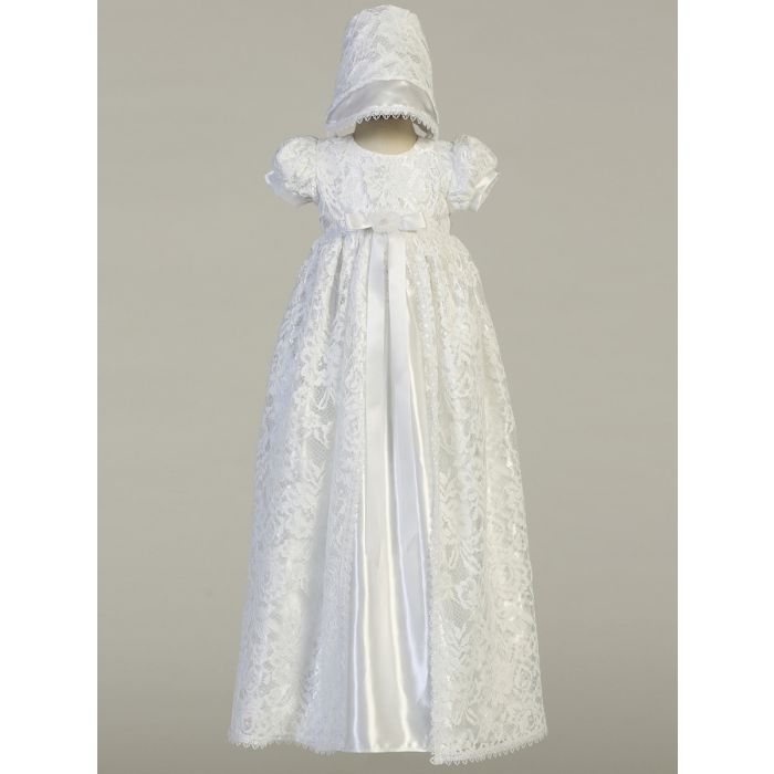 Girls Long Lace Satin Christening Gown